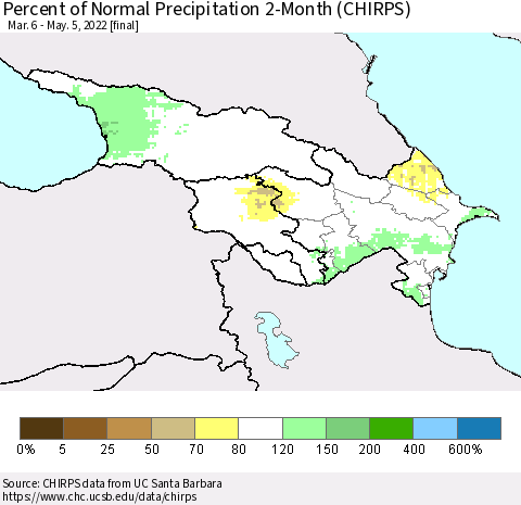 Azerbaijan, Armenia and Georgia Percent of Normal Precipitation 2-Month (CHIRPS) Thematic Map For 3/6/2022 - 5/5/2022
