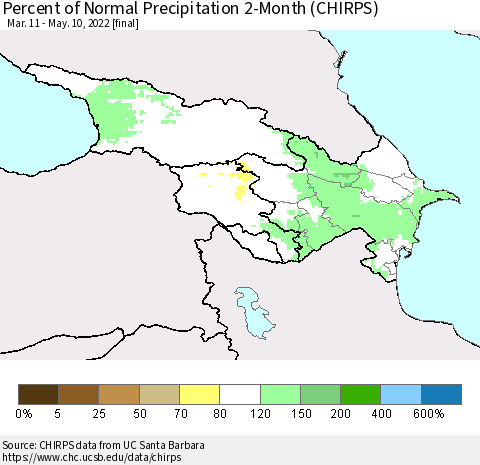 Azerbaijan, Armenia and Georgia Percent of Normal Precipitation 2-Month (CHIRPS) Thematic Map For 3/11/2022 - 5/10/2022