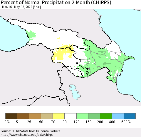 Azerbaijan, Armenia and Georgia Percent of Normal Precipitation 2-Month (CHIRPS) Thematic Map For 3/16/2022 - 5/15/2022