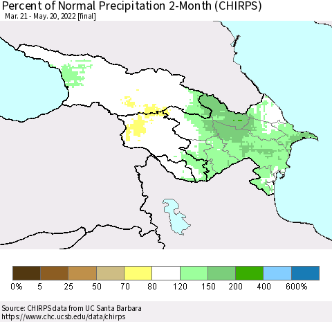 Azerbaijan, Armenia and Georgia Percent of Normal Precipitation 2-Month (CHIRPS) Thematic Map For 3/21/2022 - 5/20/2022