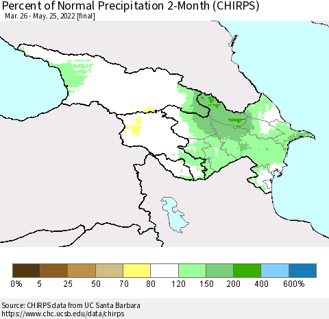 Azerbaijan, Armenia and Georgia Percent of Normal Precipitation 2-Month (CHIRPS) Thematic Map For 3/26/2022 - 5/25/2022