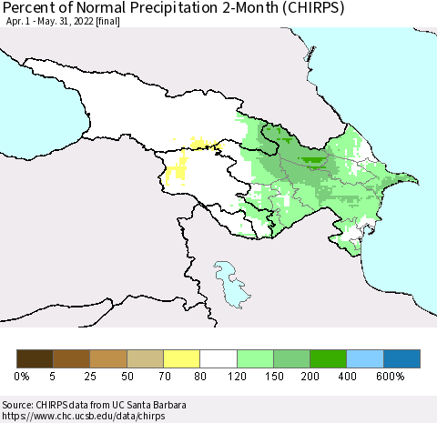 Azerbaijan, Armenia and Georgia Percent of Normal Precipitation 2-Month (CHIRPS) Thematic Map For 4/1/2022 - 5/31/2022