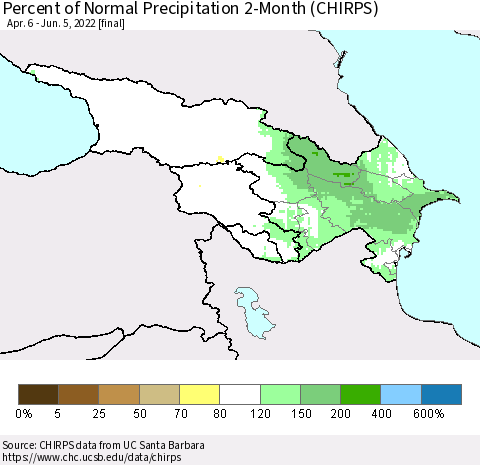 Azerbaijan, Armenia and Georgia Percent of Normal Precipitation 2-Month (CHIRPS) Thematic Map For 4/6/2022 - 6/5/2022
