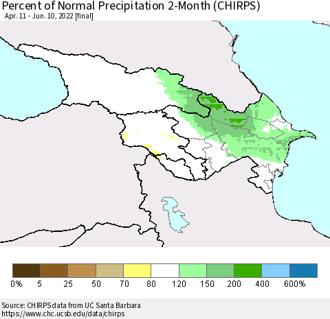 Azerbaijan, Armenia and Georgia Percent of Normal Precipitation 2-Month (CHIRPS) Thematic Map For 4/11/2022 - 6/10/2022
