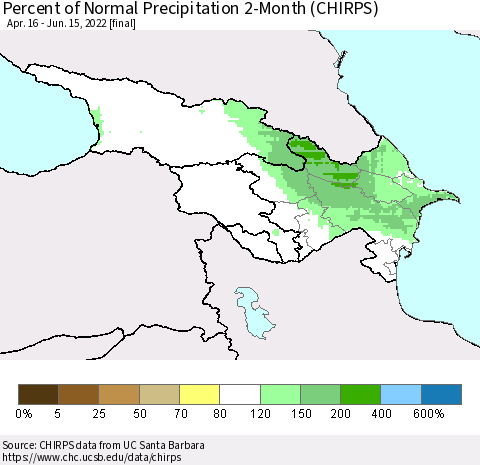 Azerbaijan, Armenia and Georgia Percent of Normal Precipitation 2-Month (CHIRPS) Thematic Map For 4/16/2022 - 6/15/2022