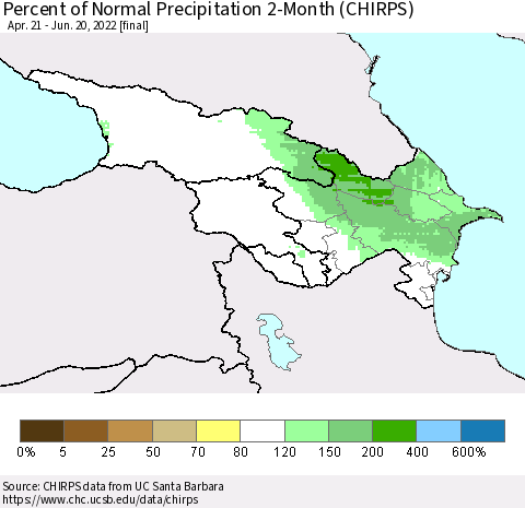 Azerbaijan, Armenia and Georgia Percent of Normal Precipitation 2-Month (CHIRPS) Thematic Map For 4/21/2022 - 6/20/2022