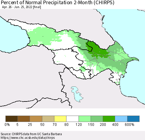 Azerbaijan, Armenia and Georgia Percent of Normal Precipitation 2-Month (CHIRPS) Thematic Map For 4/26/2022 - 6/25/2022