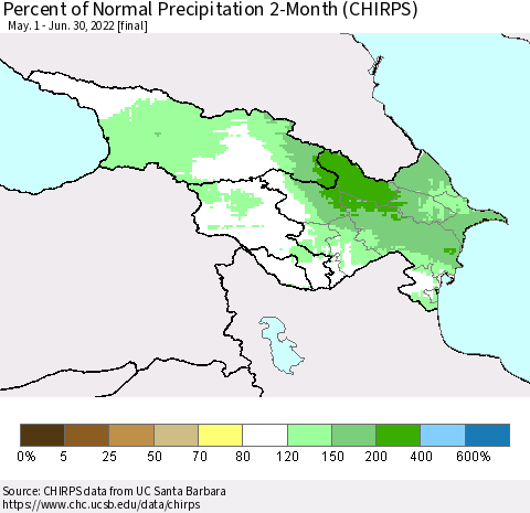 Azerbaijan, Armenia and Georgia Percent of Normal Precipitation 2-Month (CHIRPS) Thematic Map For 5/1/2022 - 6/30/2022