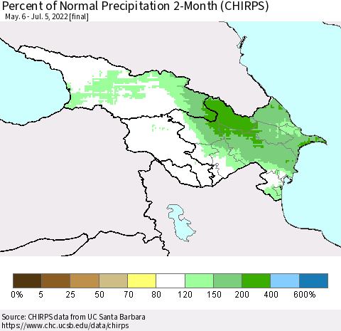 Azerbaijan, Armenia and Georgia Percent of Normal Precipitation 2-Month (CHIRPS) Thematic Map For 5/6/2022 - 7/5/2022