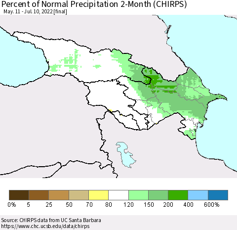 Azerbaijan, Armenia and Georgia Percent of Normal Precipitation 2-Month (CHIRPS) Thematic Map For 5/11/2022 - 7/10/2022
