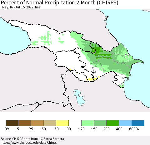 Azerbaijan, Armenia and Georgia Percent of Normal Precipitation 2-Month (CHIRPS) Thematic Map For 5/16/2022 - 7/15/2022