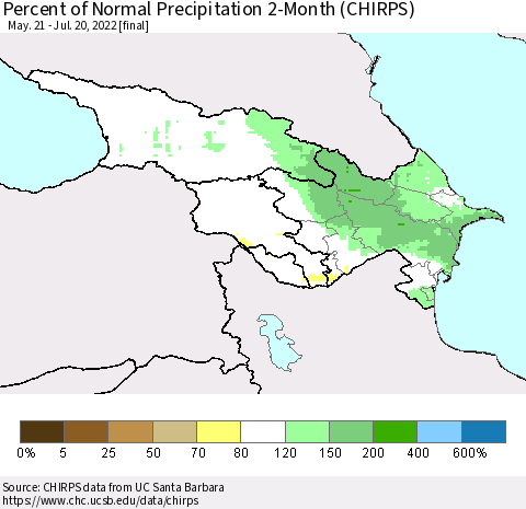 Azerbaijan, Armenia and Georgia Percent of Normal Precipitation 2-Month (CHIRPS) Thematic Map For 5/21/2022 - 7/20/2022