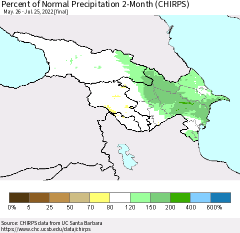 Azerbaijan, Armenia and Georgia Percent of Normal Precipitation 2-Month (CHIRPS) Thematic Map For 5/26/2022 - 7/25/2022