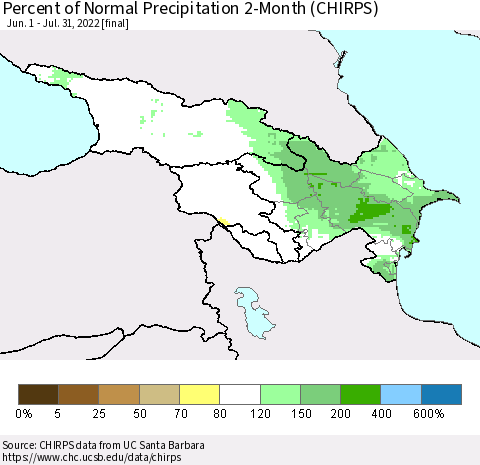 Azerbaijan, Armenia and Georgia Percent of Normal Precipitation 2-Month (CHIRPS) Thematic Map For 6/1/2022 - 7/31/2022