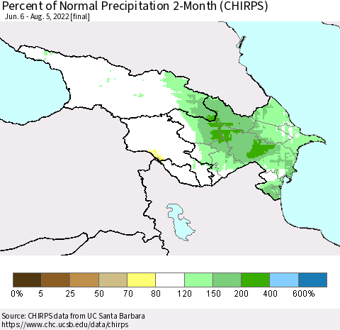 Azerbaijan, Armenia and Georgia Percent of Normal Precipitation 2-Month (CHIRPS) Thematic Map For 6/6/2022 - 8/5/2022