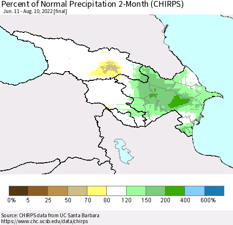 Azerbaijan, Armenia and Georgia Percent of Normal Precipitation 2-Month (CHIRPS) Thematic Map For 6/11/2022 - 8/10/2022