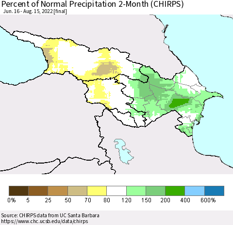 Azerbaijan, Armenia and Georgia Percent of Normal Precipitation 2-Month (CHIRPS) Thematic Map For 6/16/2022 - 8/15/2022