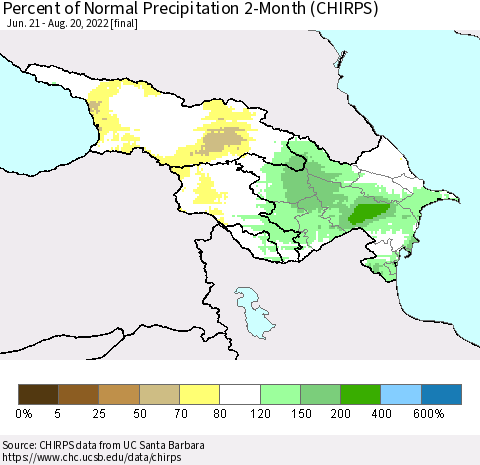 Azerbaijan, Armenia and Georgia Percent of Normal Precipitation 2-Month (CHIRPS) Thematic Map For 6/21/2022 - 8/20/2022