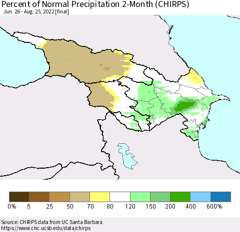 Azerbaijan, Armenia and Georgia Percent of Normal Precipitation 2-Month (CHIRPS) Thematic Map For 6/26/2022 - 8/25/2022