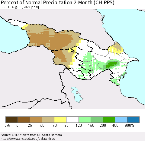 Azerbaijan, Armenia and Georgia Percent of Normal Precipitation 2-Month (CHIRPS) Thematic Map For 7/1/2022 - 8/31/2022