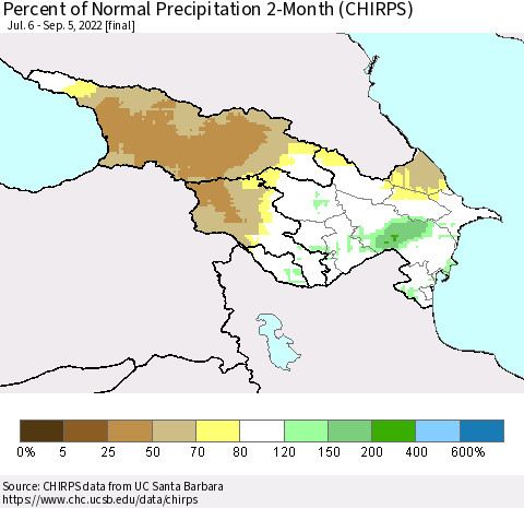 Azerbaijan, Armenia and Georgia Percent of Normal Precipitation 2-Month (CHIRPS) Thematic Map For 7/6/2022 - 9/5/2022