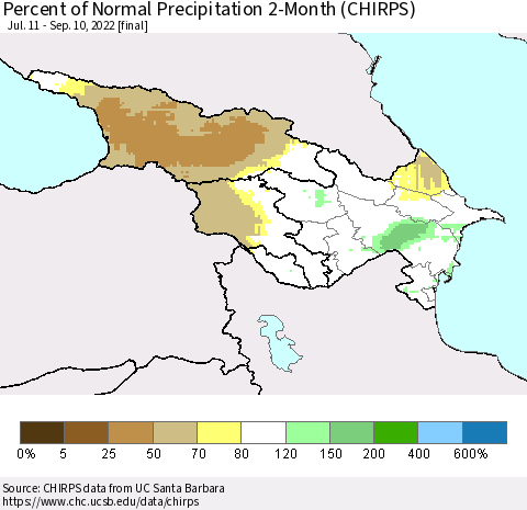 Azerbaijan, Armenia and Georgia Percent of Normal Precipitation 2-Month (CHIRPS) Thematic Map For 7/11/2022 - 9/10/2022
