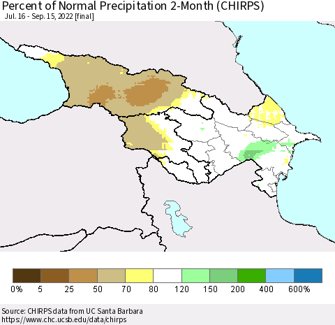 Azerbaijan, Armenia and Georgia Percent of Normal Precipitation 2-Month (CHIRPS) Thematic Map For 7/16/2022 - 9/15/2022