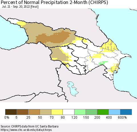 Azerbaijan, Armenia and Georgia Percent of Normal Precipitation 2-Month (CHIRPS) Thematic Map For 7/21/2022 - 9/20/2022