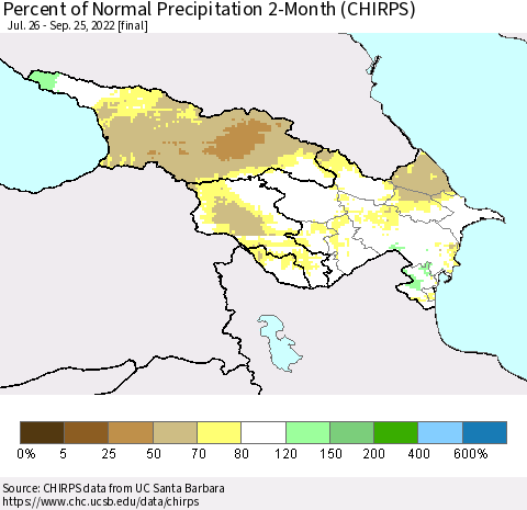 Azerbaijan, Armenia and Georgia Percent of Normal Precipitation 2-Month (CHIRPS) Thematic Map For 7/26/2022 - 9/25/2022