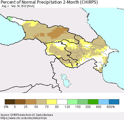 Azerbaijan, Armenia and Georgia Percent of Normal Precipitation 2-Month (CHIRPS) Thematic Map For 8/1/2022 - 9/30/2022