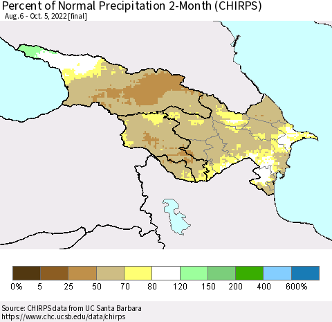 Azerbaijan, Armenia and Georgia Percent of Normal Precipitation 2-Month (CHIRPS) Thematic Map For 8/6/2022 - 10/5/2022