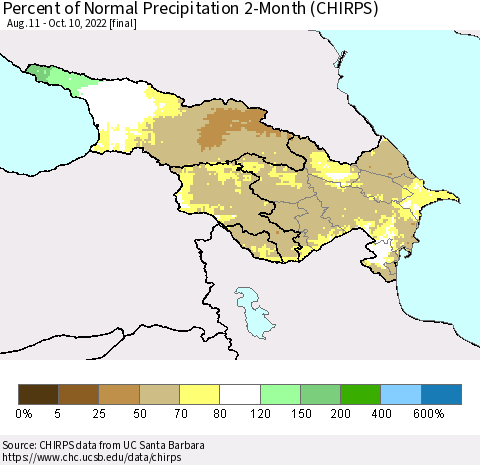 Azerbaijan, Armenia and Georgia Percent of Normal Precipitation 2-Month (CHIRPS) Thematic Map For 8/11/2022 - 10/10/2022