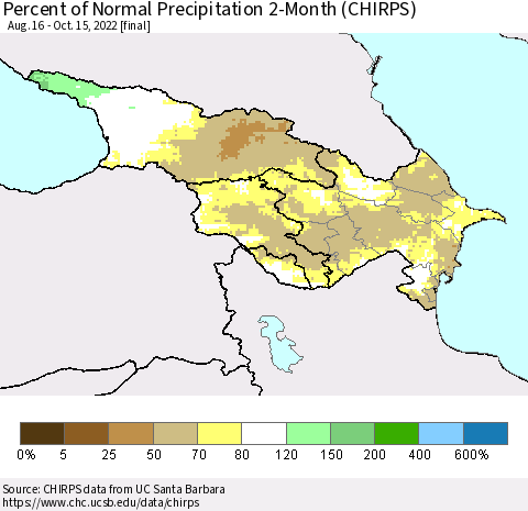Azerbaijan, Armenia and Georgia Percent of Normal Precipitation 2-Month (CHIRPS) Thematic Map For 8/16/2022 - 10/15/2022