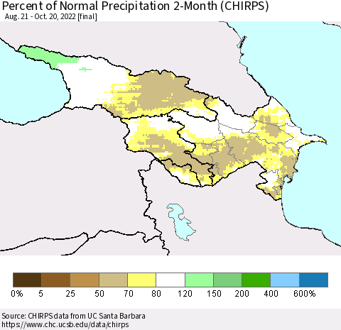 Azerbaijan, Armenia and Georgia Percent of Normal Precipitation 2-Month (CHIRPS) Thematic Map For 8/21/2022 - 10/20/2022