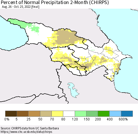 Azerbaijan, Armenia and Georgia Percent of Normal Precipitation 2-Month (CHIRPS) Thematic Map For 8/26/2022 - 10/25/2022
