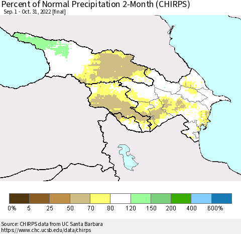 Azerbaijan, Armenia and Georgia Percent of Normal Precipitation 2-Month (CHIRPS) Thematic Map For 9/1/2022 - 10/31/2022