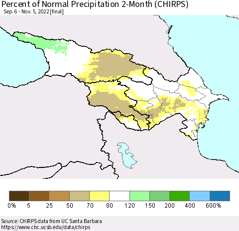 Azerbaijan, Armenia and Georgia Percent of Normal Precipitation 2-Month (CHIRPS) Thematic Map For 9/6/2022 - 11/5/2022