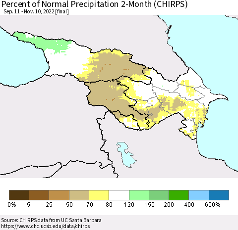 Azerbaijan, Armenia and Georgia Percent of Normal Precipitation 2-Month (CHIRPS) Thematic Map For 9/11/2022 - 11/10/2022