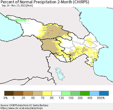 Azerbaijan, Armenia and Georgia Percent of Normal Precipitation 2-Month (CHIRPS) Thematic Map For 9/16/2022 - 11/15/2022
