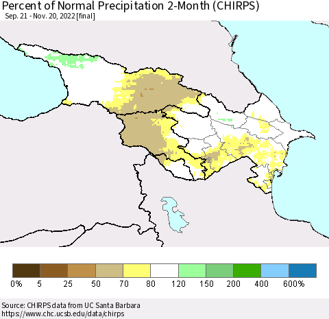 Azerbaijan, Armenia and Georgia Percent of Normal Precipitation 2-Month (CHIRPS) Thematic Map For 9/21/2022 - 11/20/2022