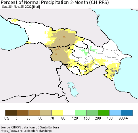 Azerbaijan, Armenia and Georgia Percent of Normal Precipitation 2-Month (CHIRPS) Thematic Map For 9/26/2022 - 11/25/2022
