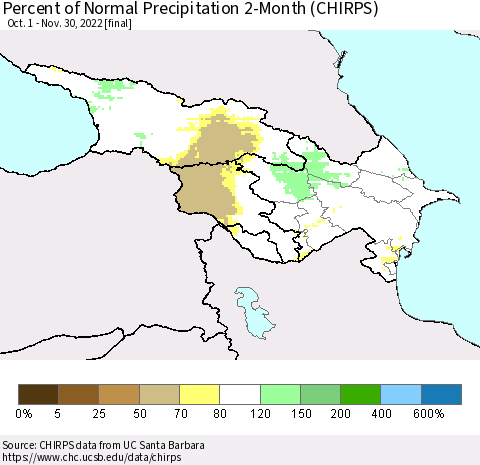 Azerbaijan, Armenia and Georgia Percent of Normal Precipitation 2-Month (CHIRPS) Thematic Map For 10/1/2022 - 11/30/2022