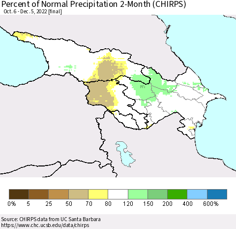 Azerbaijan, Armenia and Georgia Percent of Normal Precipitation 2-Month (CHIRPS) Thematic Map For 10/6/2022 - 12/5/2022
