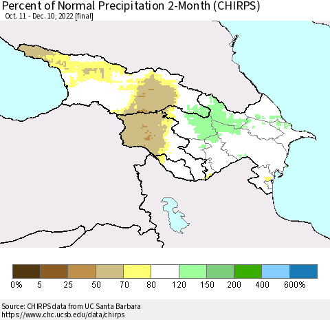 Azerbaijan, Armenia and Georgia Percent of Normal Precipitation 2-Month (CHIRPS) Thematic Map For 10/11/2022 - 12/10/2022