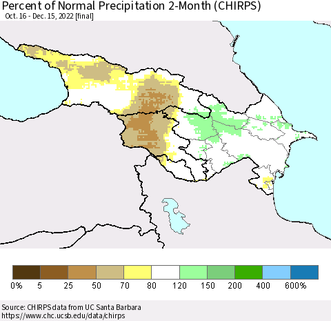 Azerbaijan, Armenia and Georgia Percent of Normal Precipitation 2-Month (CHIRPS) Thematic Map For 10/16/2022 - 12/15/2022