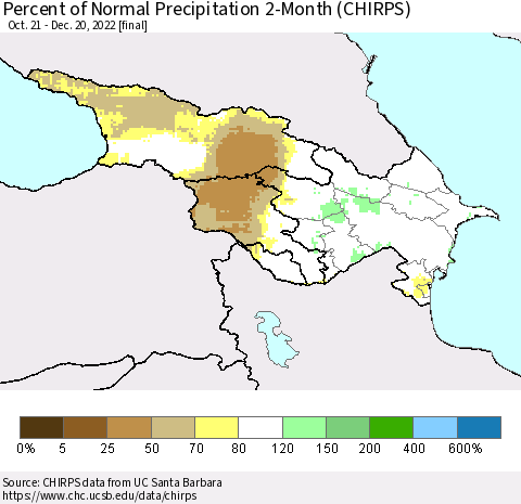 Azerbaijan, Armenia and Georgia Percent of Normal Precipitation 2-Month (CHIRPS) Thematic Map For 10/21/2022 - 12/20/2022