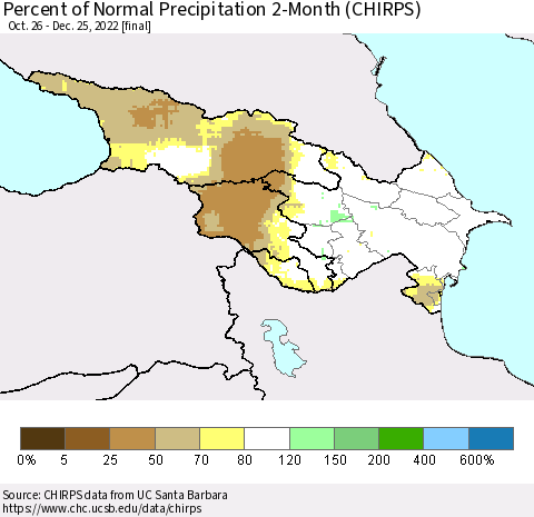 Azerbaijan, Armenia and Georgia Percent of Normal Precipitation 2-Month (CHIRPS) Thematic Map For 10/26/2022 - 12/25/2022
