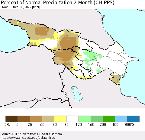 Azerbaijan, Armenia and Georgia Percent of Normal Precipitation 2-Month (CHIRPS) Thematic Map For 11/1/2022 - 12/31/2022