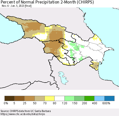 Azerbaijan, Armenia and Georgia Percent of Normal Precipitation 2-Month (CHIRPS) Thematic Map For 11/6/2022 - 1/5/2023