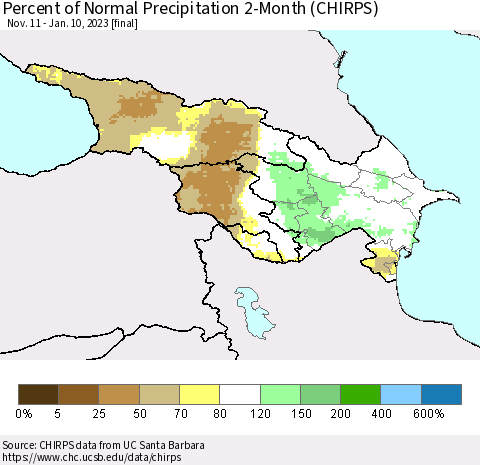 Azerbaijan, Armenia and Georgia Percent of Normal Precipitation 2-Month (CHIRPS) Thematic Map For 11/11/2022 - 1/10/2023